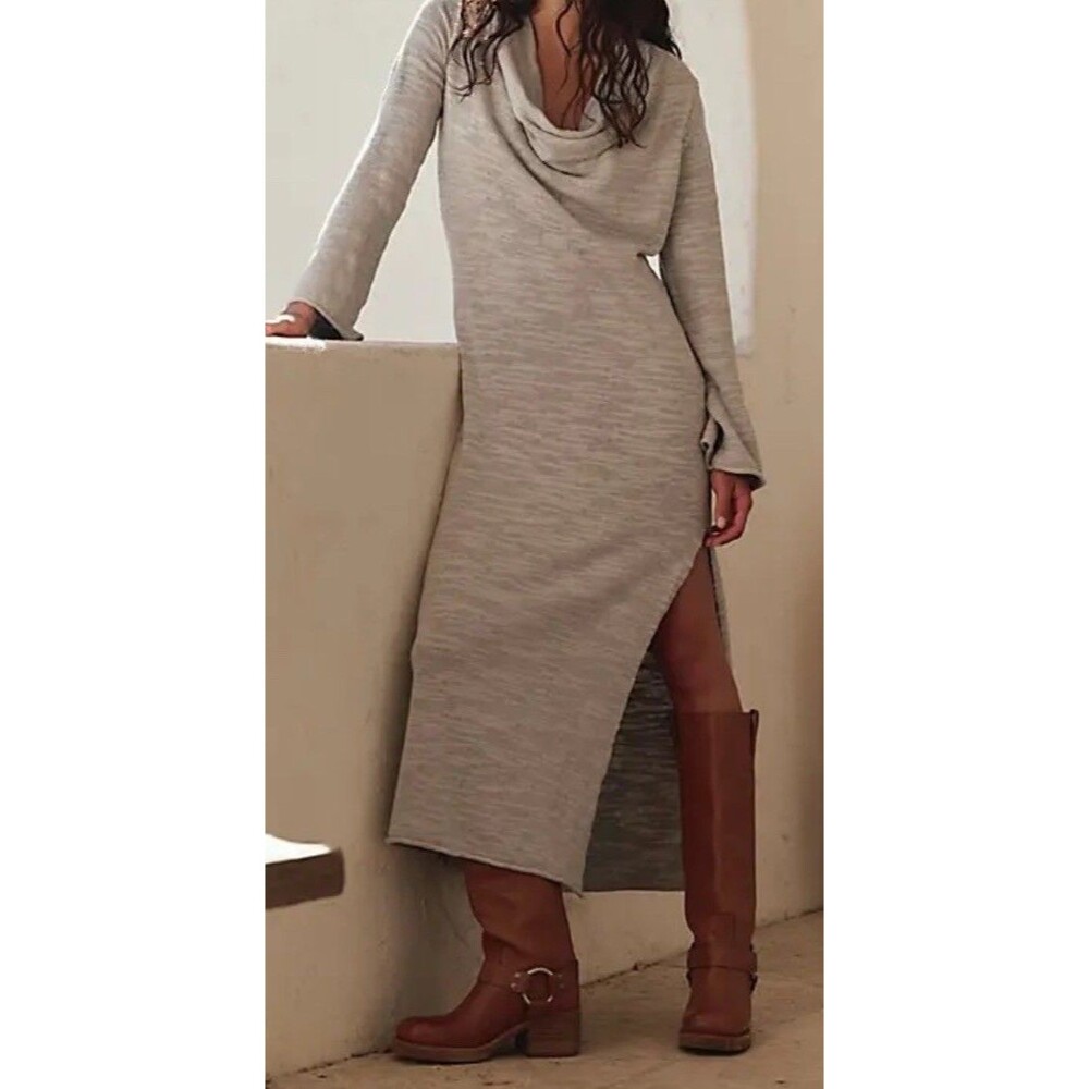 Free People Free-est XL Gray Linen Blend Cowl Neck Long Sleeve Maxi Dress Boho